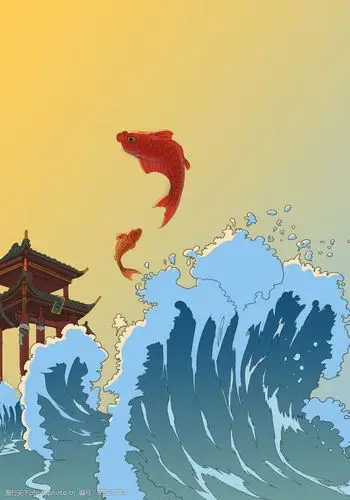 关键词:鲤鱼跳龙门 鱼 鲤鱼 龙门 浪花 跳跃 金鱼 插画 漫画 风景 psd