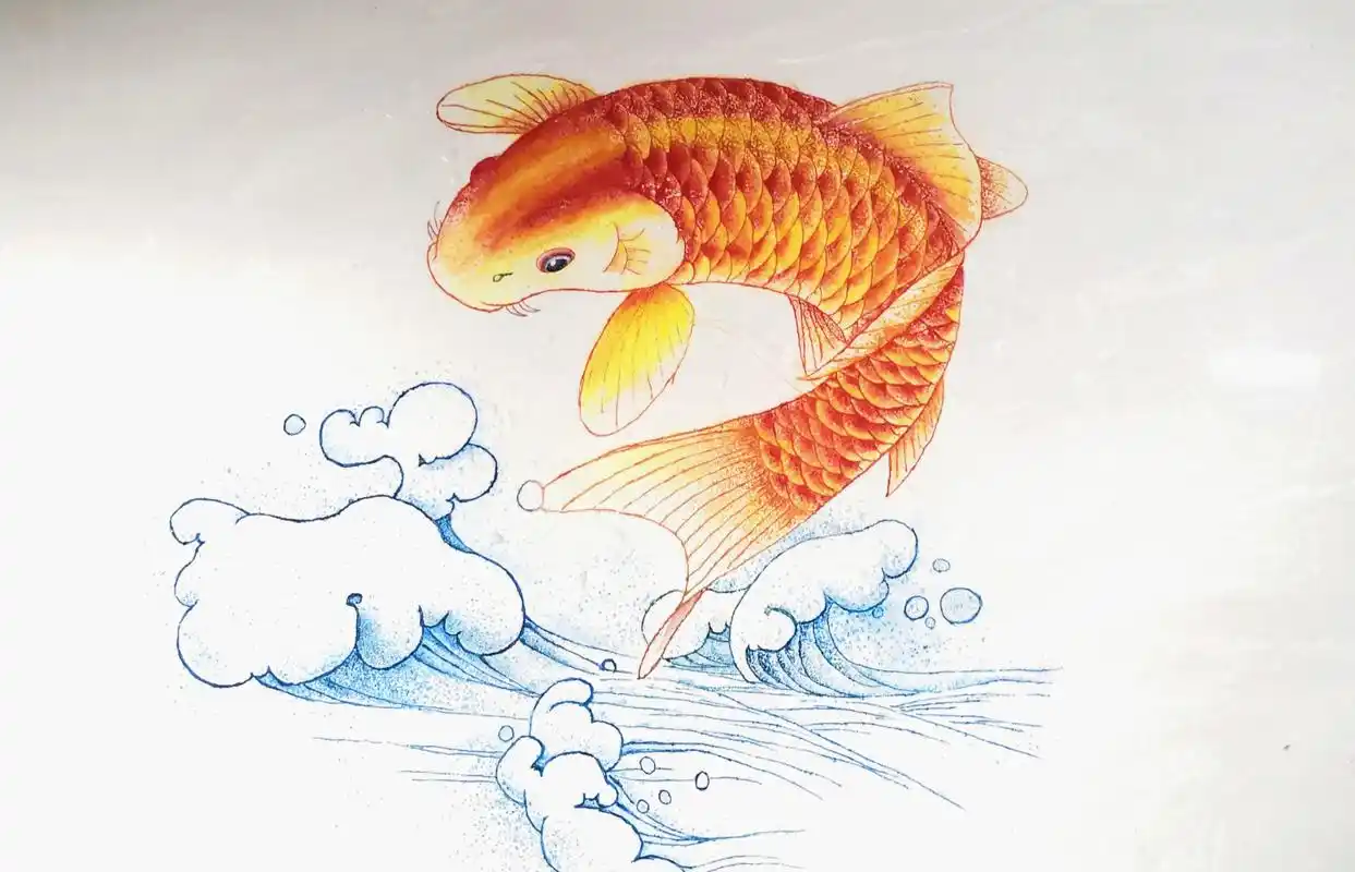 瓷刻作品《鲤鱼跳龙门》临摹李晓明工笔画 尺寸:600x300mm 材料:瓷板