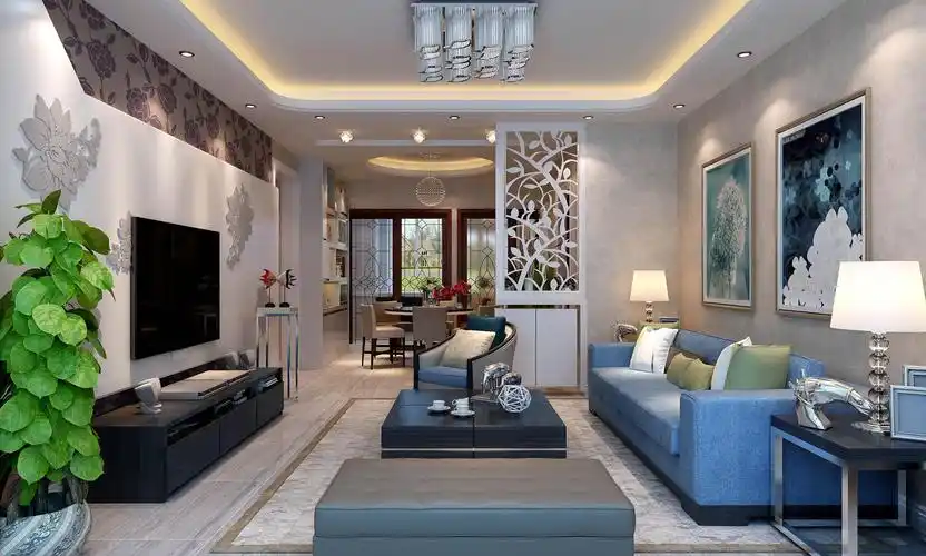 装修效果图大全 台灯装饰画电视背景墙沙发电视柜现代茶几三居中型