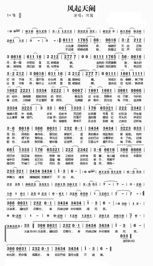 风起天阑简谱 河图长叹,碧海潮生,花开花落