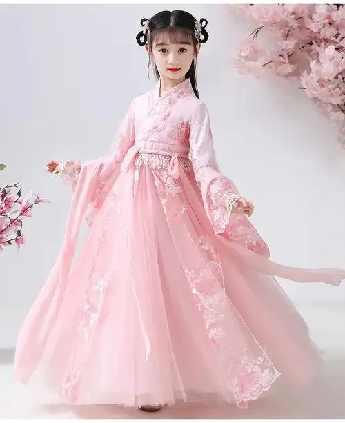 儿童中国风超仙连衣裙古风女童公主襦裙唐装女孩新款古装粉色裙子120