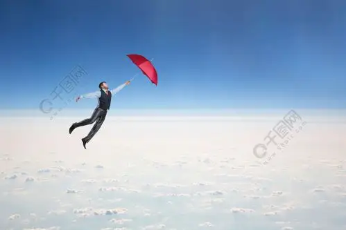 供以人员在与红色伞的天空中飞行在他的手上用伞在天空中飞翔的人