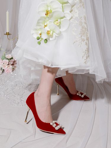 婚鞋女2021新款珍珠水钻单鞋细跟冬季婚纱秀禾结婚新娘红色高跟鞋