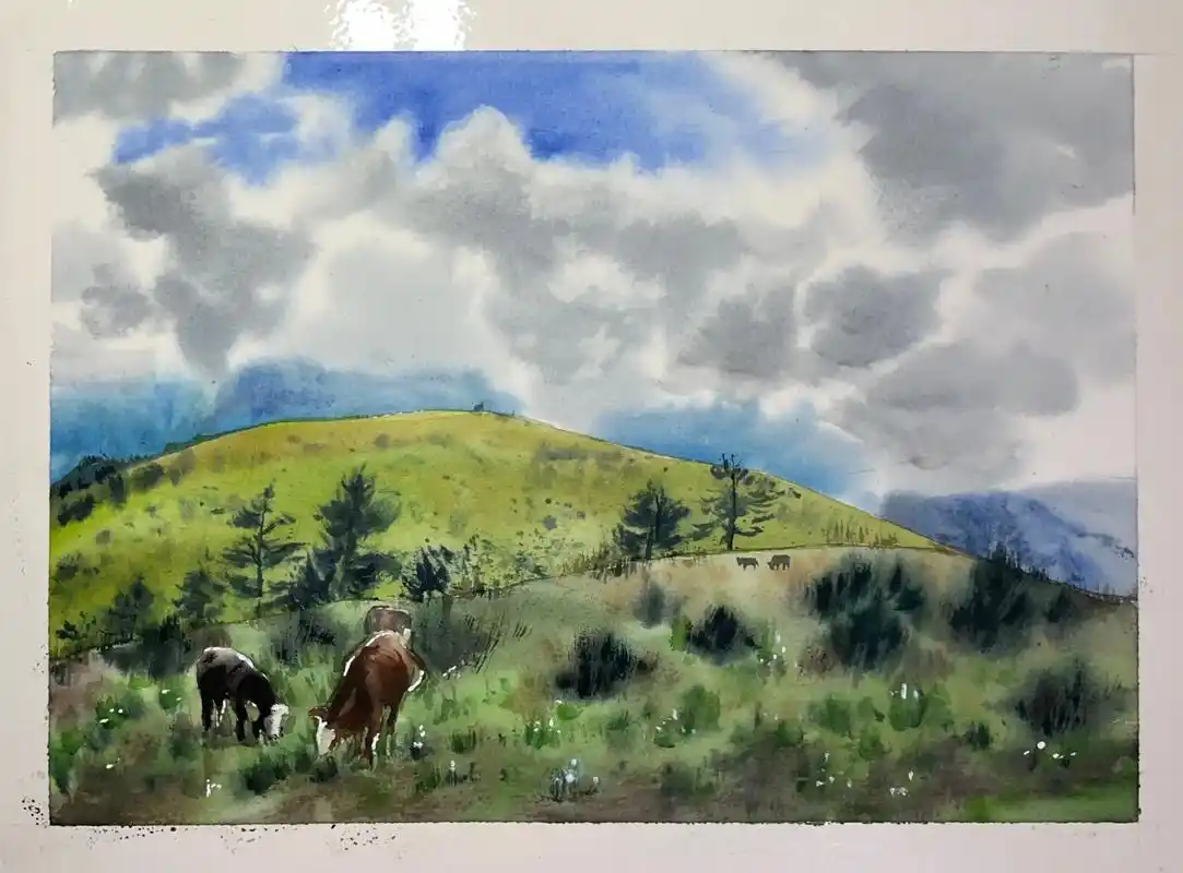 水彩画草地.画一片草地吧,云层流动,小草茂密的那种注意画面 - 抖音