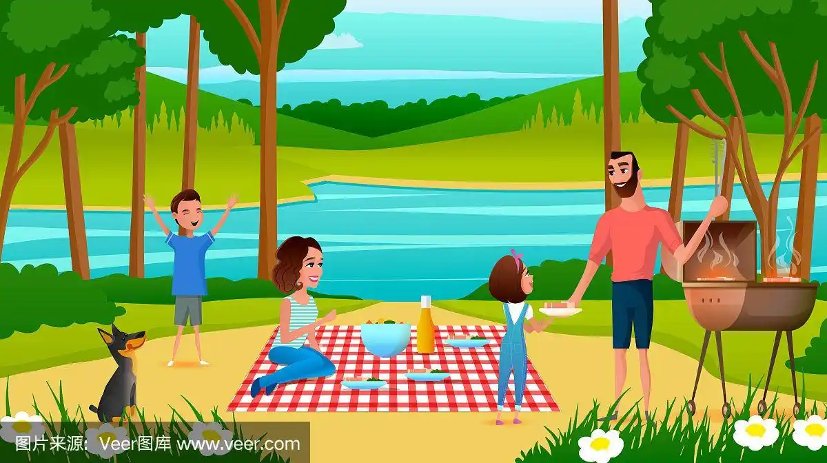 家庭在野餐卡通向量上有乐趣