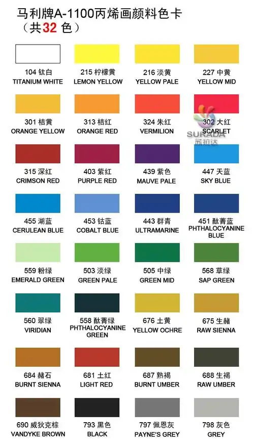 常用7色推荐 :大红 柠檬黄 桔红 淡绿 群青 湖蓝 紫色