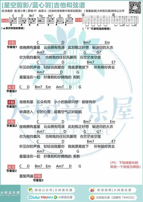 星空剪影吉他谱_蓝心羽_g调六线谱_大树乐器图片谱_木木吉他网
