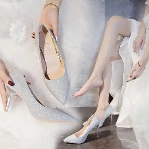 水晶高跟鞋女细跟设计感小众气质网红浅色婚纱照婚鞋仙女风伴娘鞋