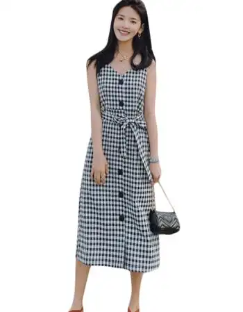 小清新露肩格子连衣裙复古文艺中长款女2018夏季女装 黑白格子 s