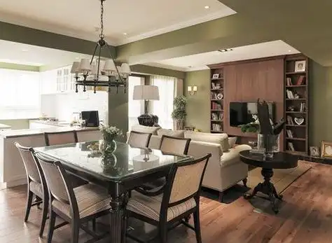 长方形客厅餐厅二合一装修图(长方形客厅餐厅一体装修效果图美式风格)