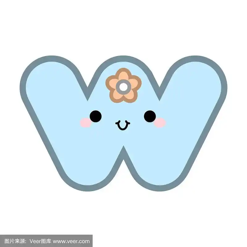 可爱的卡通字母w笑脸,眼睛和嘴巴在白色的背景.