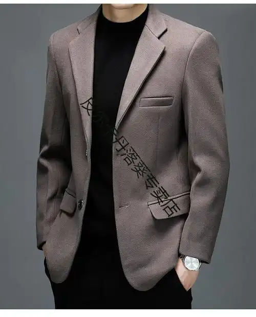 皮尔卡丹轻奢品牌男装西服男士中长款西装羊毛呢子格子外套秋冬款纯色