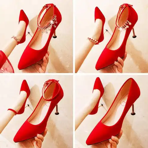 红秀禾新娘婚纱鞋2019新款红鞋结婚鞋子女中式红色高跟细跟伴娘鞋