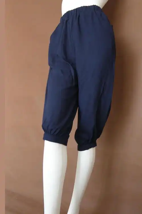 高档纯色棉绸宽松灯笼七分裤 沙滩裤 绵绸侧口袋裤 运动休闲女裤