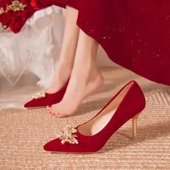 至灵zhiling红色婚鞋女秀禾服两穿细高跟新娘鞋2023年新款孕妇粗跟